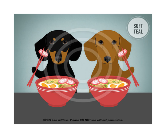 508Dp Food Art Prints - Dachshunds Eating Ramen Bowl Wall Decor Foodie Gifts Drawing Dachshund