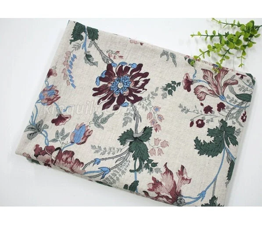 Washing Linen 1/2Y Wide Size Korean Fabric/ Medium Weight High Quality Soft Linen Cotton Blended Wide Half Yard 54" X 18" - Antique Floral