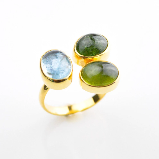 Aquamarine Tourmaline Peridot Ring, Statement Gemstone Art Deco Rings For Women, Gift Her, Gold Stacking Ring