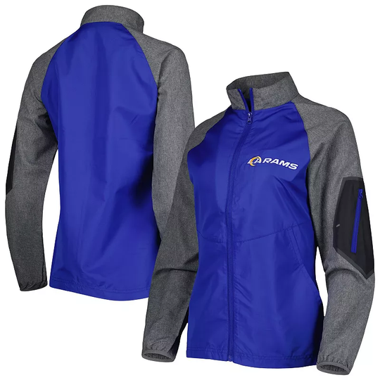 Women's Dunbrooke Royal/Gray Los Angeles Rams Hurricane Raglan Full-Zip Windbreaker, Size: Large, Blue