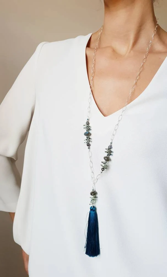 Labradorite Tassel Long Necklace/ Statement Layered 925 Sterling Silver Chain Customised Necklace