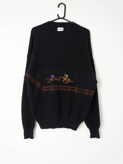 Vintage Fischer For Men Waffle Knitted Wool Blend Jumper With Horse Racing Embroidered Motif - Medium/Large
