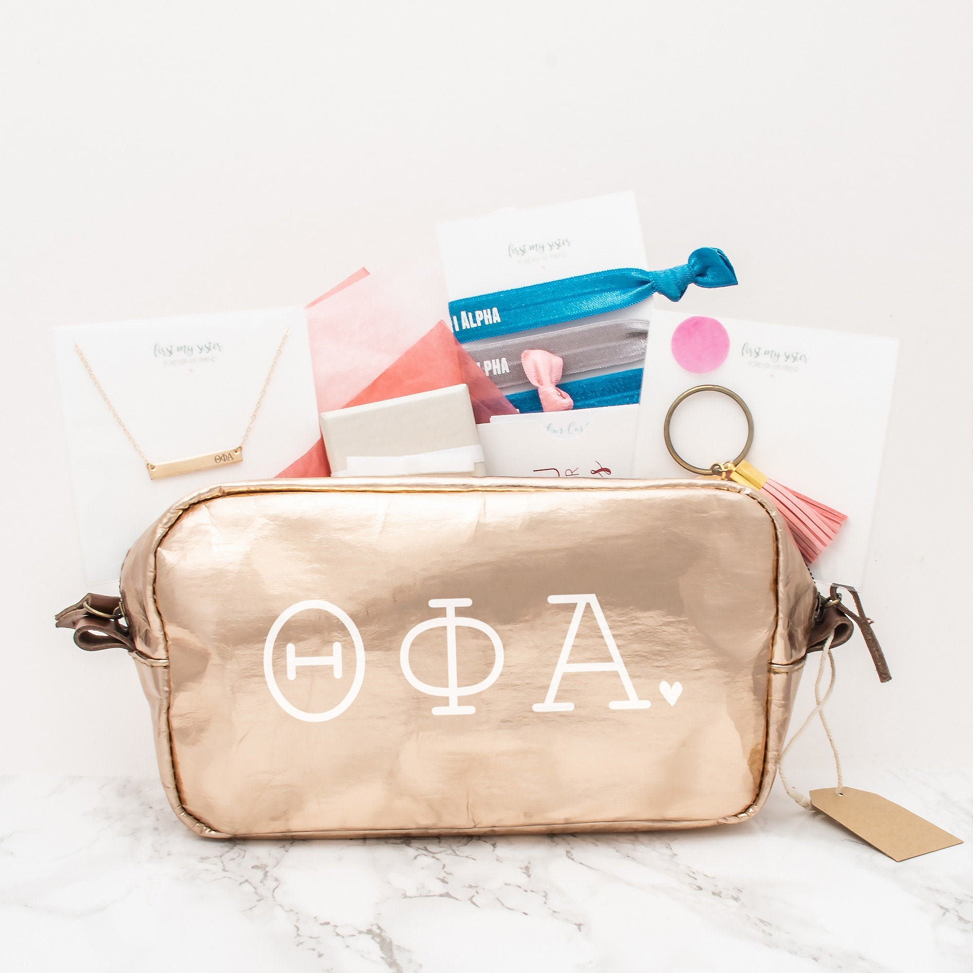 Theta Phi Alpha Gift Set, Sorority Gifts Bundle, Greek Pack With Bag, Bar Necklace, Rings, Hair Ties & Keychain