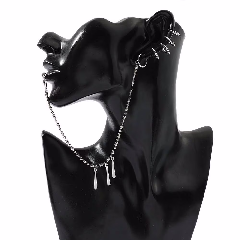 Lip Ring & Earring Jewelry Chain To Ear 12Pc Set Anime, Punk Metal Long Tassel Hoop Earrings Unique Geometric Simple Harajuku