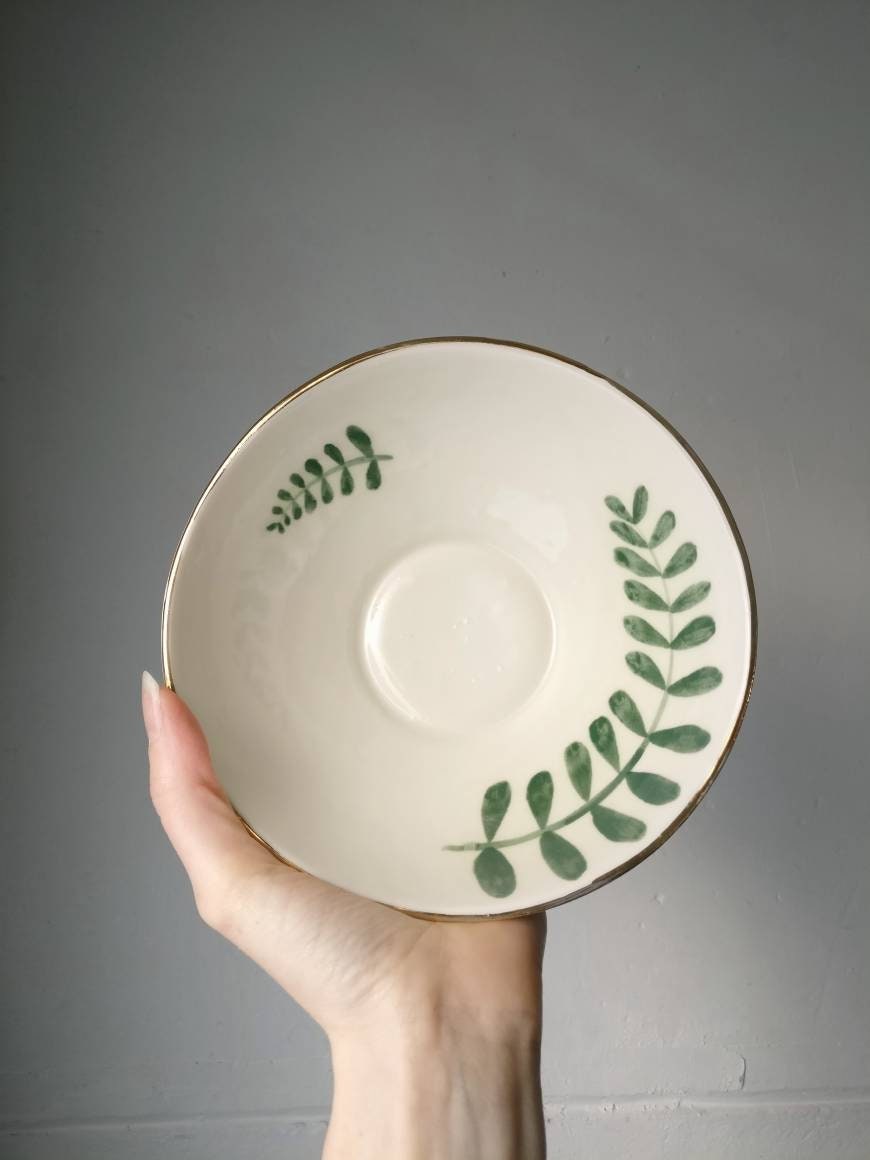 Greenery Porridge Bowl | Fine Porcelain Ceramic Large Soup Hand Painted Fern Foliage Gold Lustre Edging