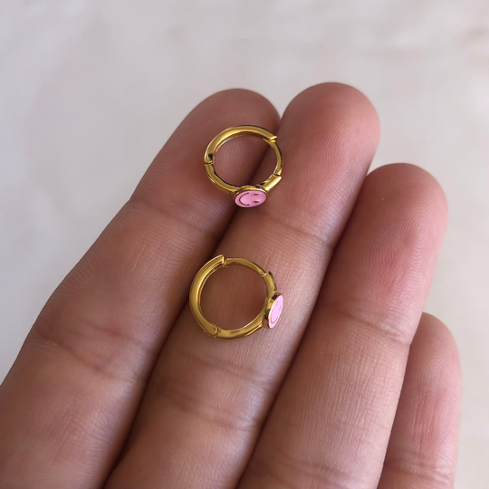 Pink Smiley Face Ear Huggies, 14Kt Gold Vermeil, .925 Sterling Silver, Small Tiny Hoop Earrings, Happy Dangle For Women