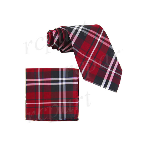 Men's Plaid Black Red White Regular Necktie & Handkerchief, For Formal Occasions