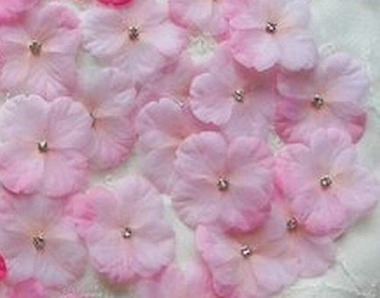 36 Pc Pink Baby Hydrangea Boutique Petal Flowers With Rhinestone Centers