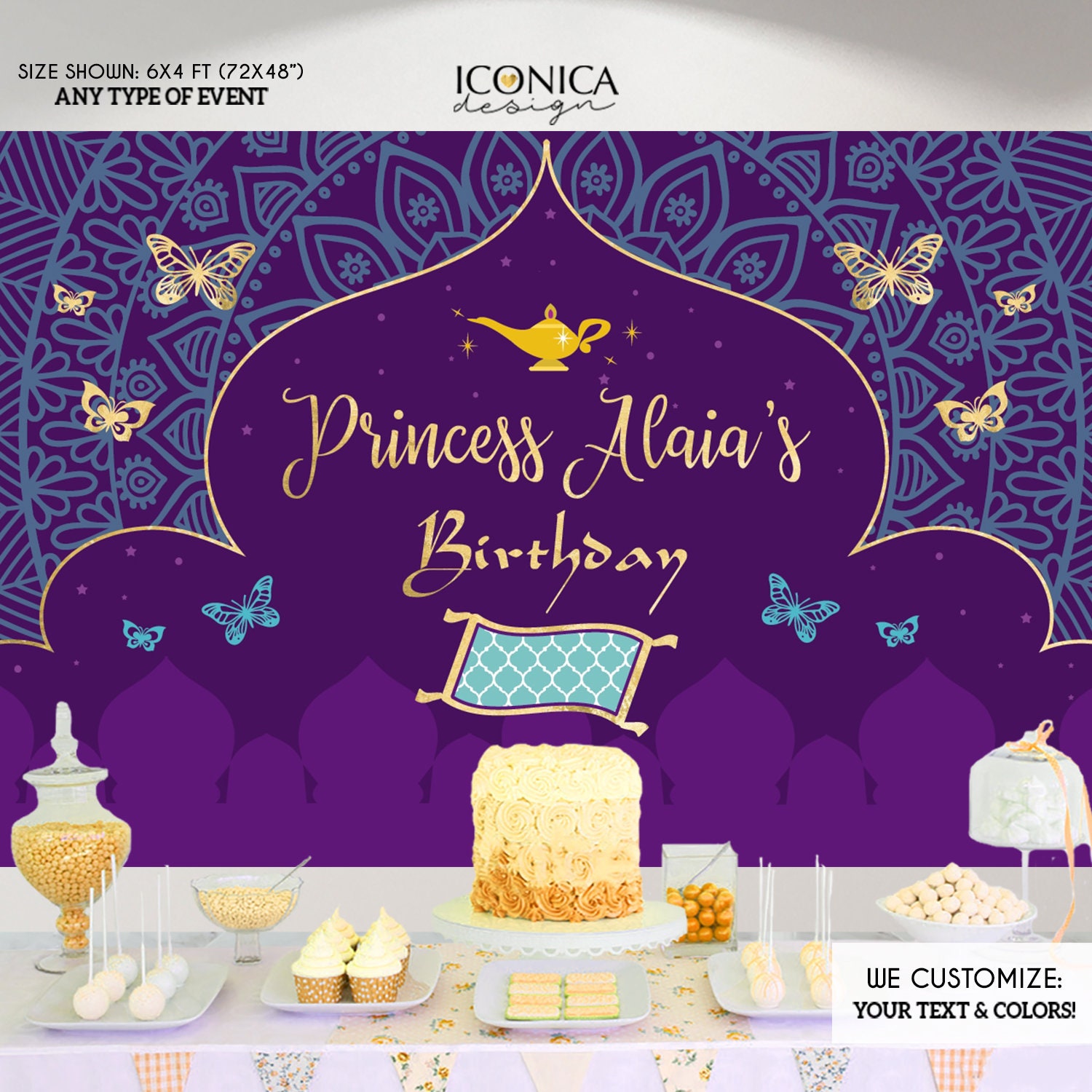 Moroccan Party Backdrop, Purple Teal Gold Arabic Princess Any Age Or Event, Printed Or Printable File