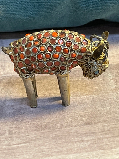 Antique Chinese Tibetan Nepalese Brass Coral & Turquoise Inlaid Miniature Ram Or Sheep Figurine Collectible Home Office Decor