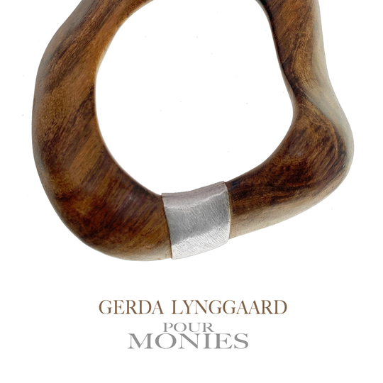 Gerda Lynggaard Teak & Silver Bangle Bracelet, Danish Vintage Abstract Designer Jewelry