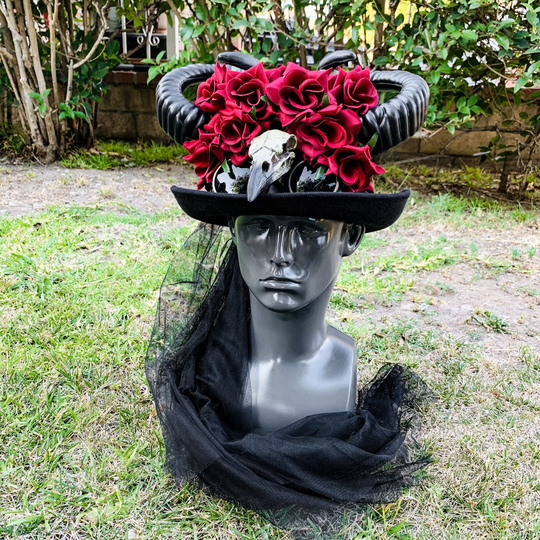 Red Rose With Raven Skull & Ram Horn Halloween Goggles Top Hat
