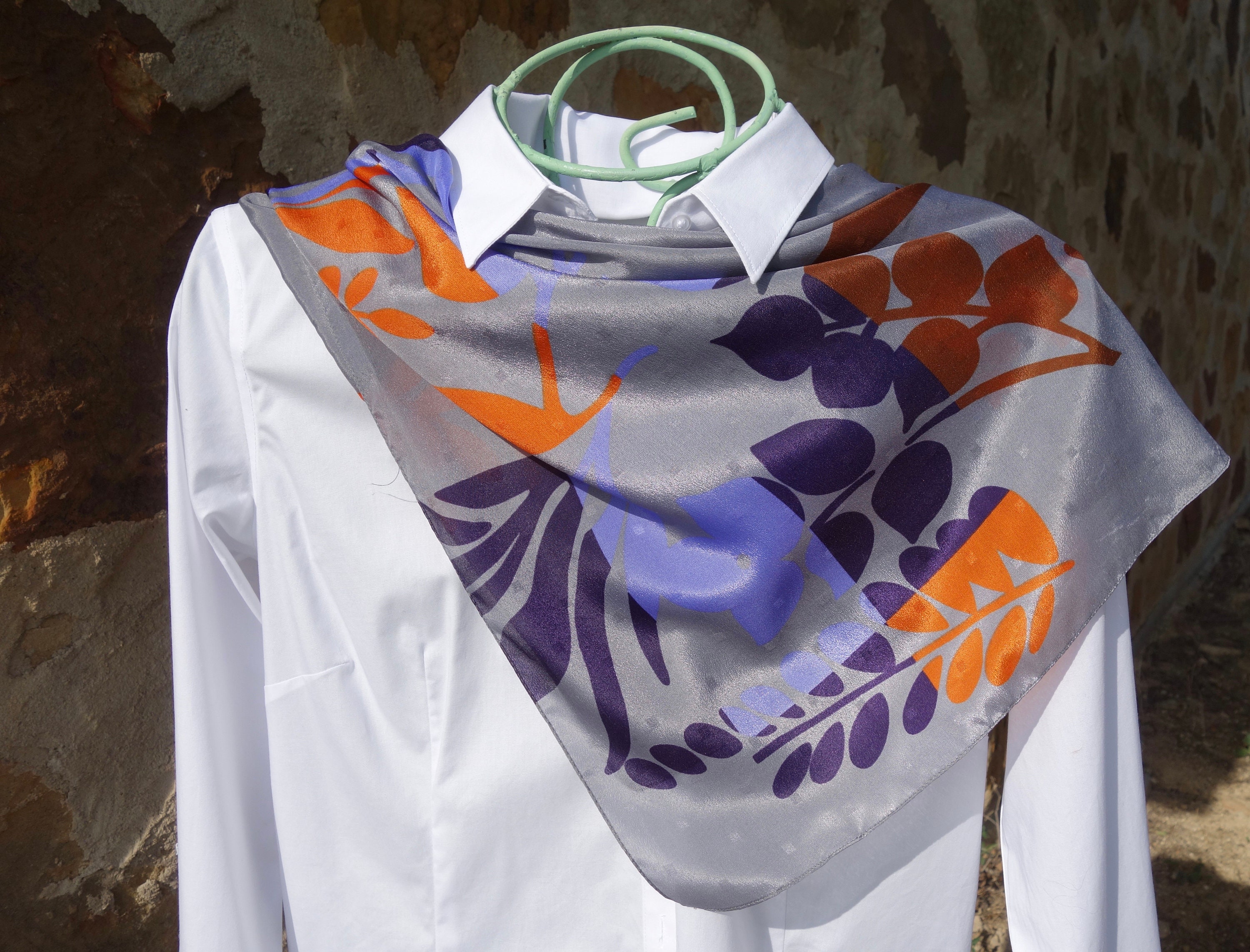 stunning Vintage Scarf Synthetic Blend Grey Background Orange Purple Periwinkle Brown Unusual Color Combination 1960S 1970S Floral