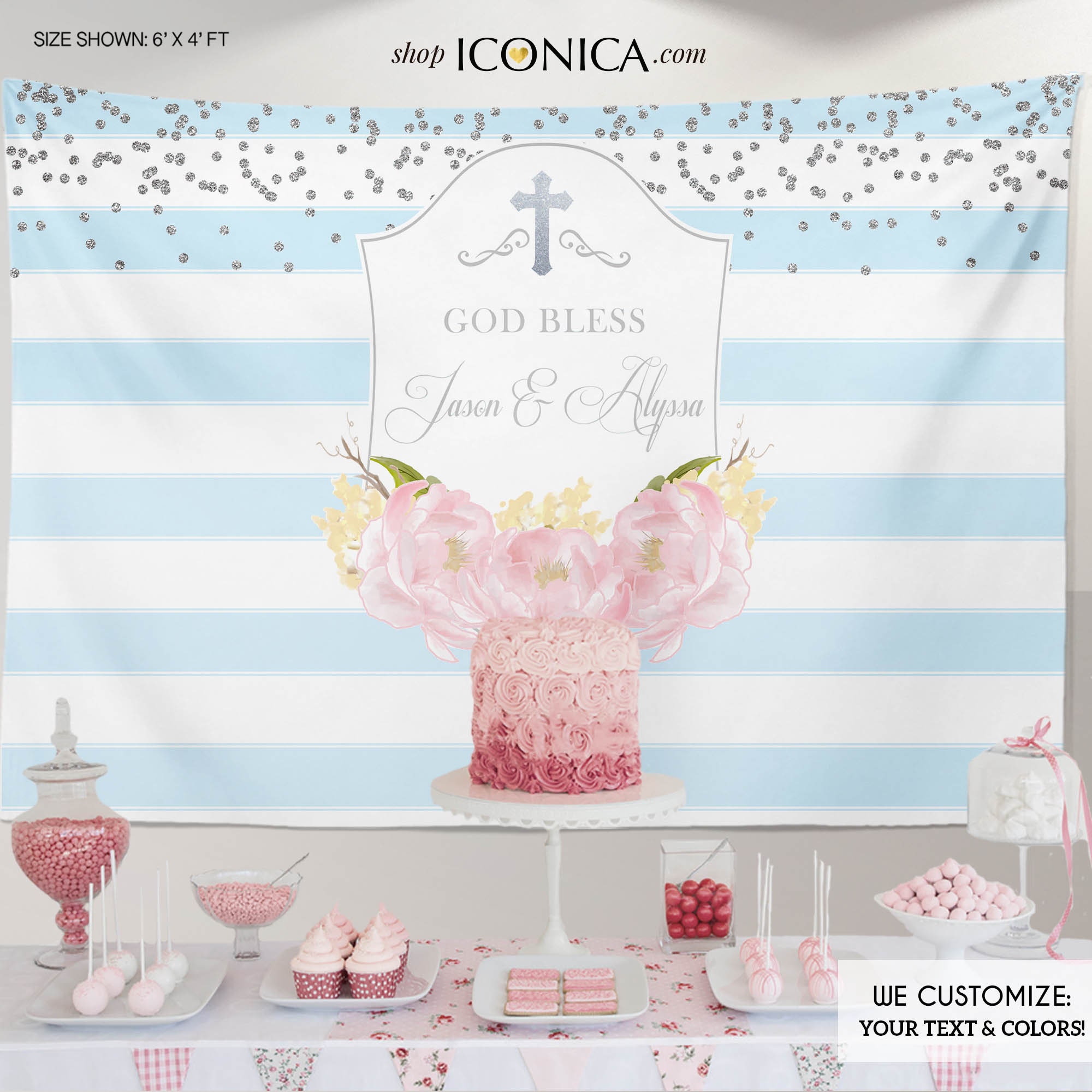 Baptism Party Backdrop, Light Blue Striped Floral Banner, Pink Peonies, First Communion Banner - Printed Or Printable File Bfc0014