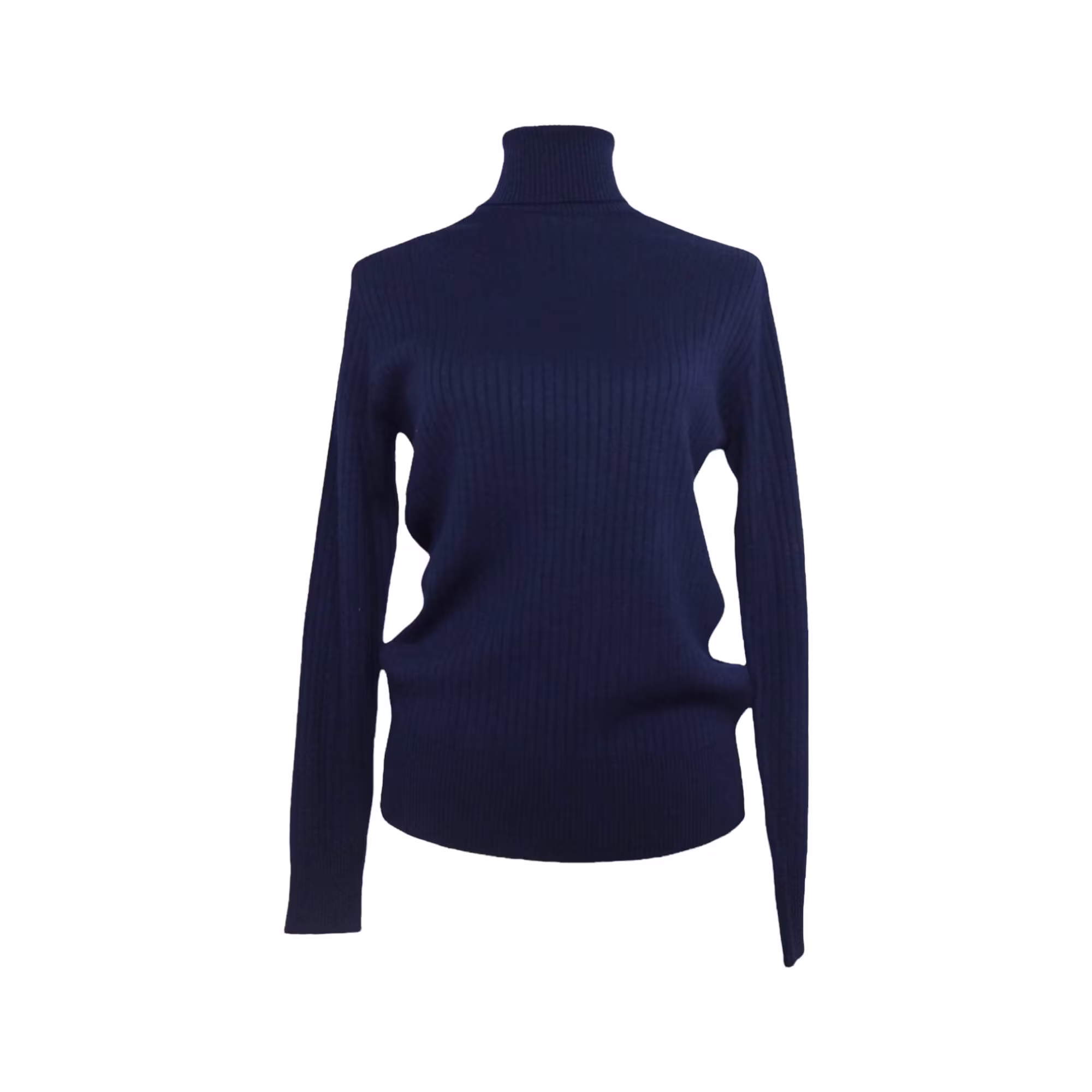 Vintage 80S Wool Blend Mod Boho Preppy Chic Basic Navy Blue Pullover Roll Neck Turtleneck Long Sleeve Ribbed Blouse | Size L-xl