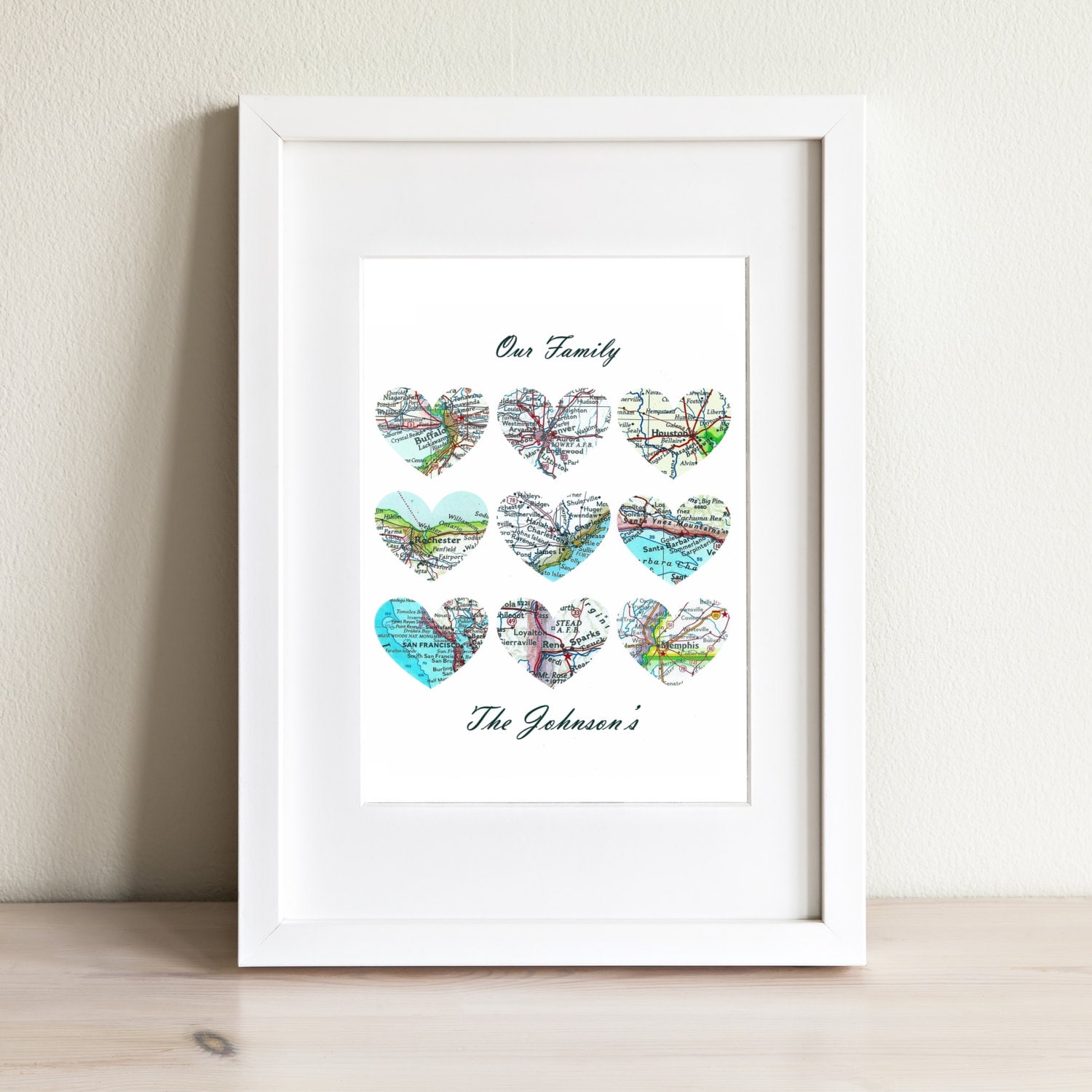 Custom Nine Heart Map Art Print. Print Only No Frame. You Select 9 Cities Worldwide & Your Personalized Text. Grandparent Mom Or Dad Gifts