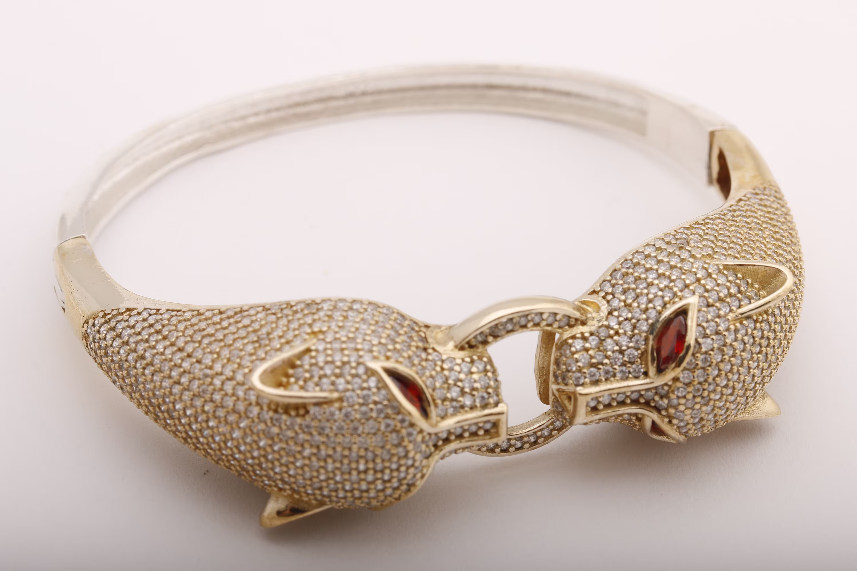 Double Tiger Head Style Turkish Handmade Jewelry Round Shape Topaz Zircon & Marquise Shiny Ruby 925 Sterling Silver Bangle Bracelet