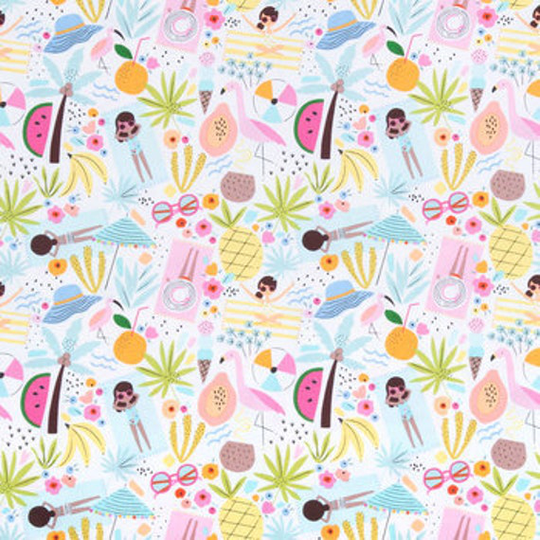 Beach Time Besties Fabric, Vacation Time, 100% Cotton, Apparel Fabric By The Yard, Accessories White & Colorful Style
