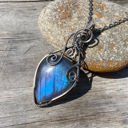 Blue Labradorite Necklace, Sterling Silver Wire Wrapped Pendant, Jewelry Unique Gift For Wife
