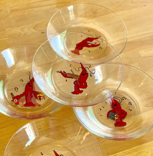 Seafood Bowls, Vintage Set Of 7 Serving Bowls, Glcoloc France Glass Bowls With Hand Painted Musical Shrimps