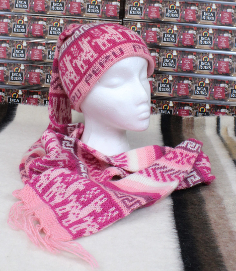 Alpaca Wool Blend Peruvian Novelty Hooded Scarf All in One Winter Item Pink Tones Llama Design Great For All 55" Length