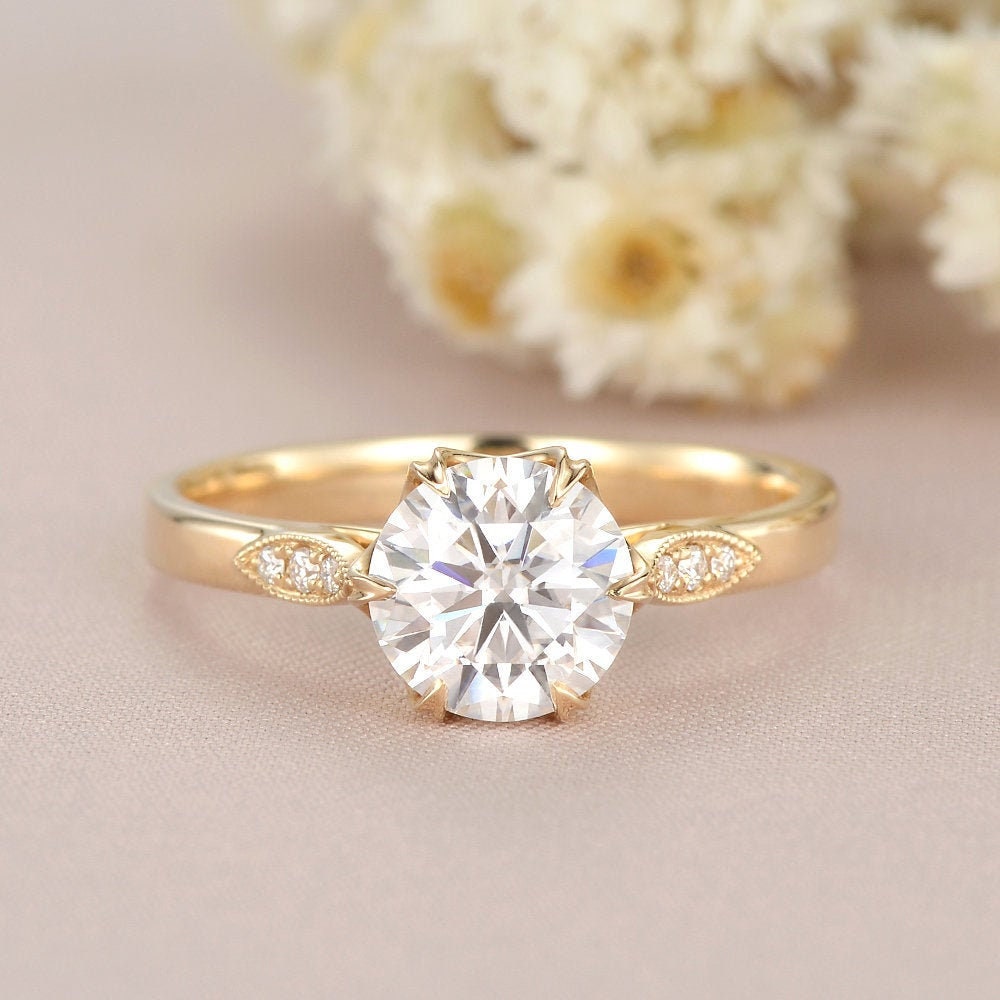 Moissanite Engagement Ring Yellow Gold Wedding Woman Leaf Art Deco Marquise Diamond Dainty Anniversary Promise Gift For Her
