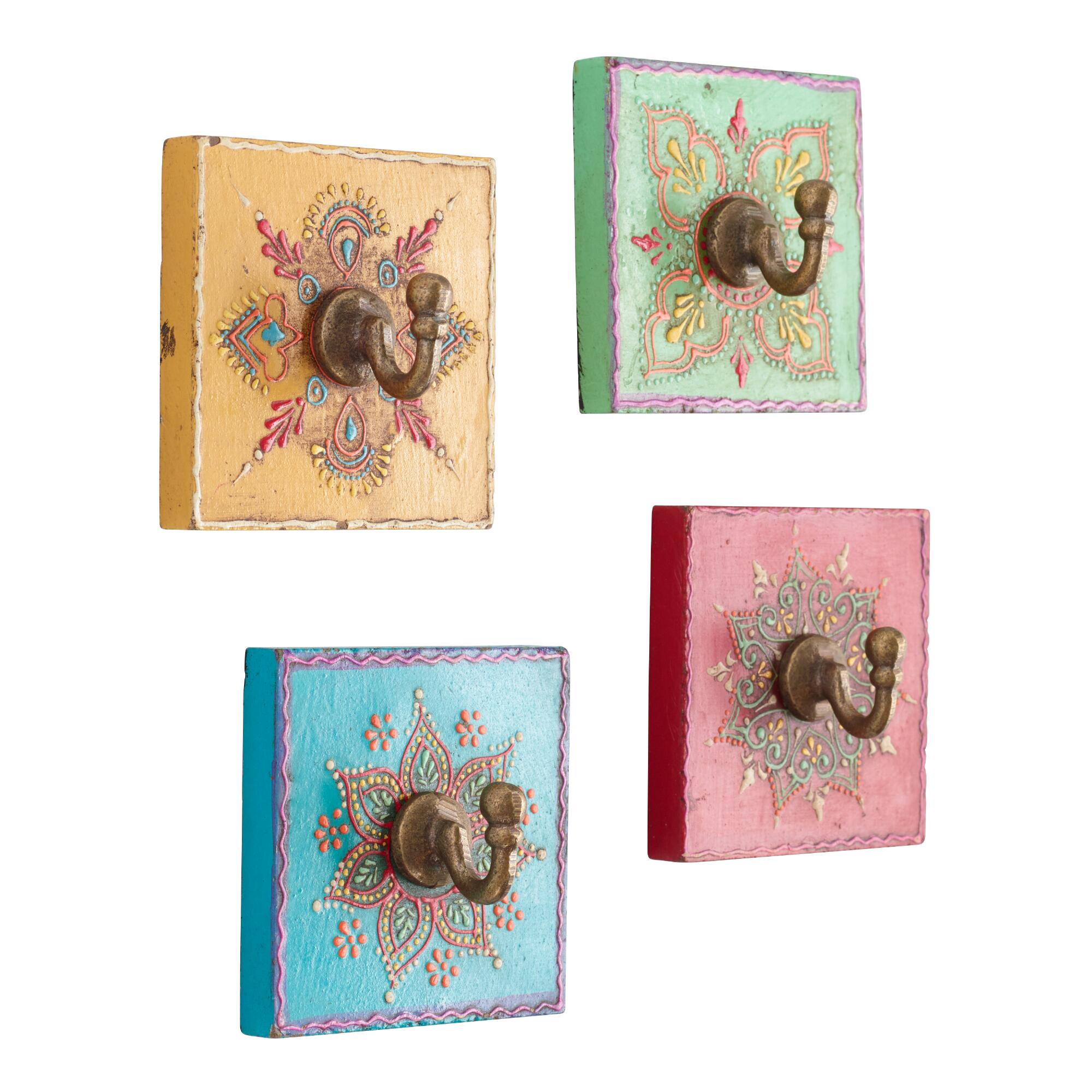 Square Handpainted Wall Hooks Set of 4: Multi - Wood by World Market
