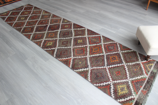 Vintage Kilim Rnner, Ethnic Runner, Bohemian Embroidered Wool Runner/2'7"x11' N-380