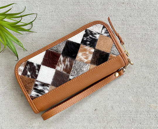 Cowhide Wallet For Women Brown Leather Patchwork Zip Phone Clutch Card Case | Gifts For Her