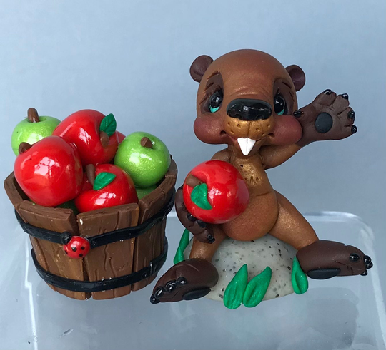 Beaver with Buschel Of Apples-Polymer Clay Woodland Critters-Sculpted Forest Animal Figurine-Ooak Collectible Keepsake-Whimsical Wildlife