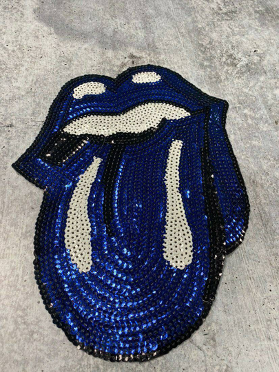 Sequins Blue Lips & Tongue Patch | Iron-On Size 10.5", Large Bling For Denim Jacket, Shirts, Hoodies, More