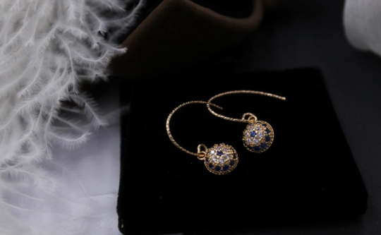 Turkish Mosaic Blue Eyes Pattern Hook Earrings, 14K Gold Filled Sparkling Cubic Zircon Dangle Earrings Vintage Dainty|Spark-Bling Collection