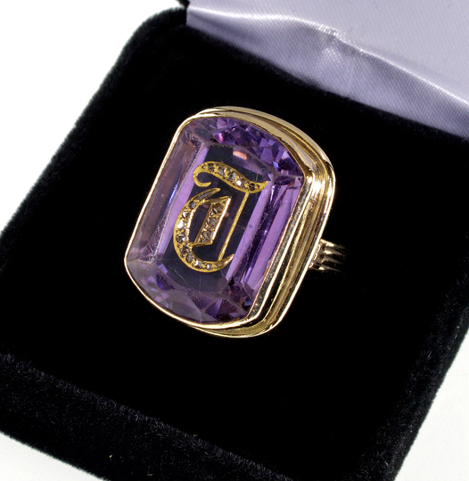 Victorian 14K Gold Amethyst Diamond Monogram Unisex Ring C.1860