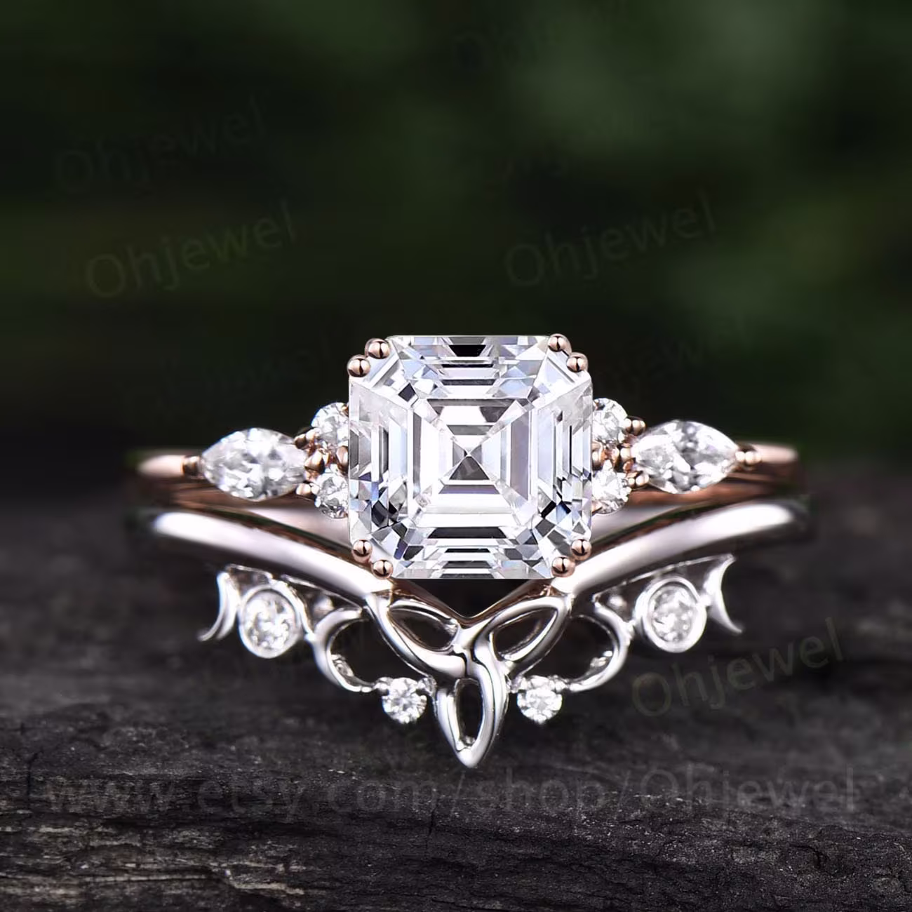 Asscher Cut Moissanite Engagement Ring Set Solid 14K Rose Gold Art Deco Unique Diamond Wedding Bridal For Women Fine Jewelry Gift