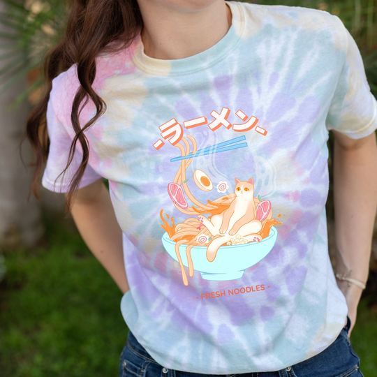 Kawaii Cat in Ramen Bowl Shirt Cute Japanese Style Graphic Tee | Gift For Or Lover Pastel Rainbow Tie Dye T-Shirt
