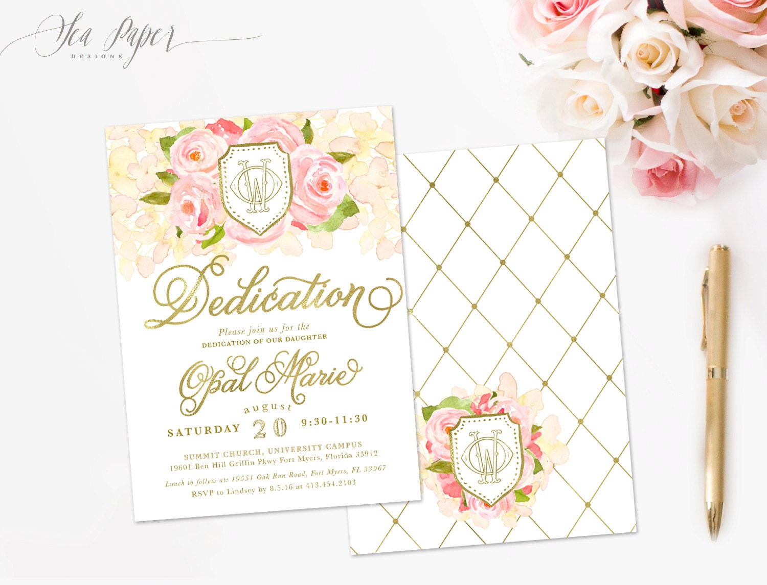 Opal Girl Dedication Invitation Garden Pink Roses, White Peach Hydrangeas, Gold Monogram Crest Invite, Baby Or Child, Digital Printed