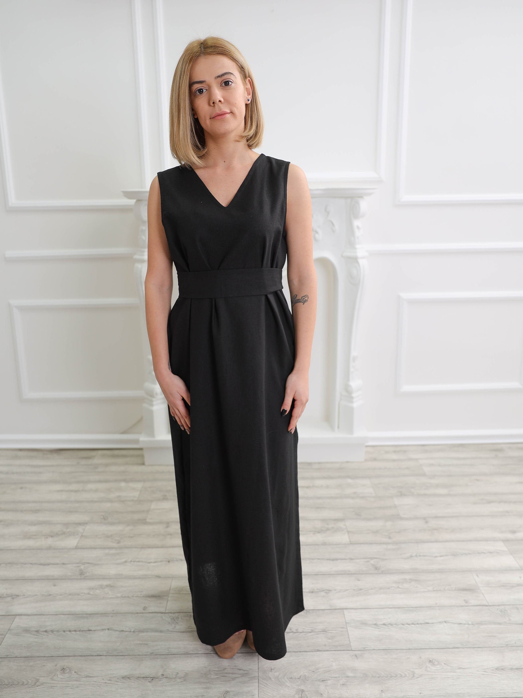 Ready To Ship M Size Linen Dress, Long Slip Maxi Natural Dress With Belt