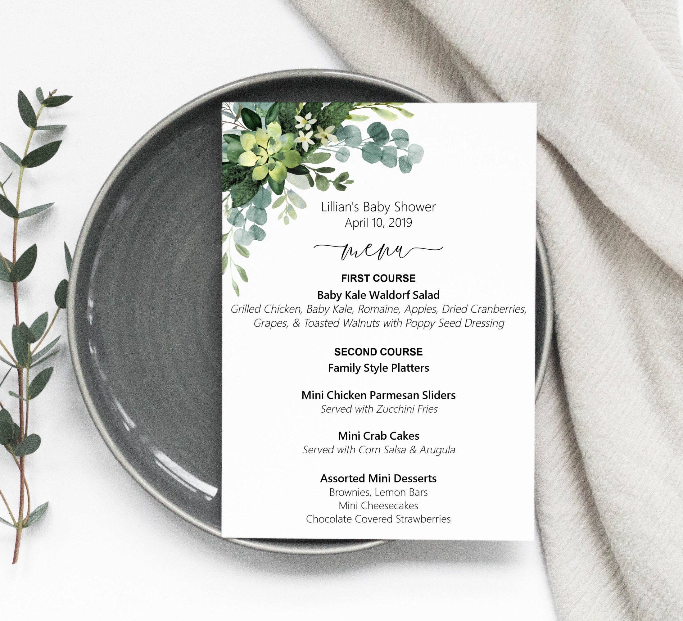 Menu Printable Greenery Succulent Bridal Shower Baby Birthday Wedding Sign Personalized Cards B84 C91