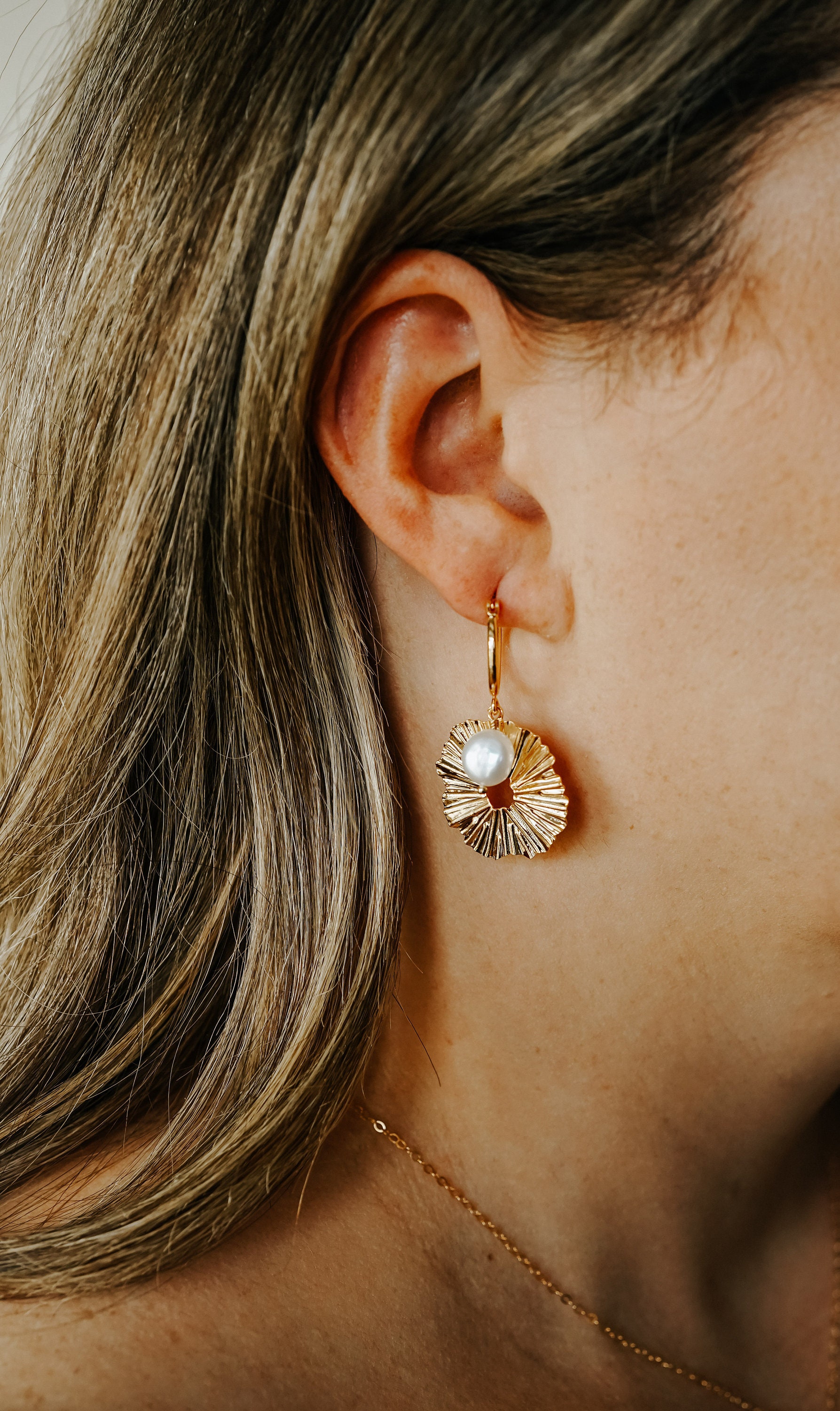 Fleur Hoop Earrings, Gold Pearl Flower Dangle Earrings