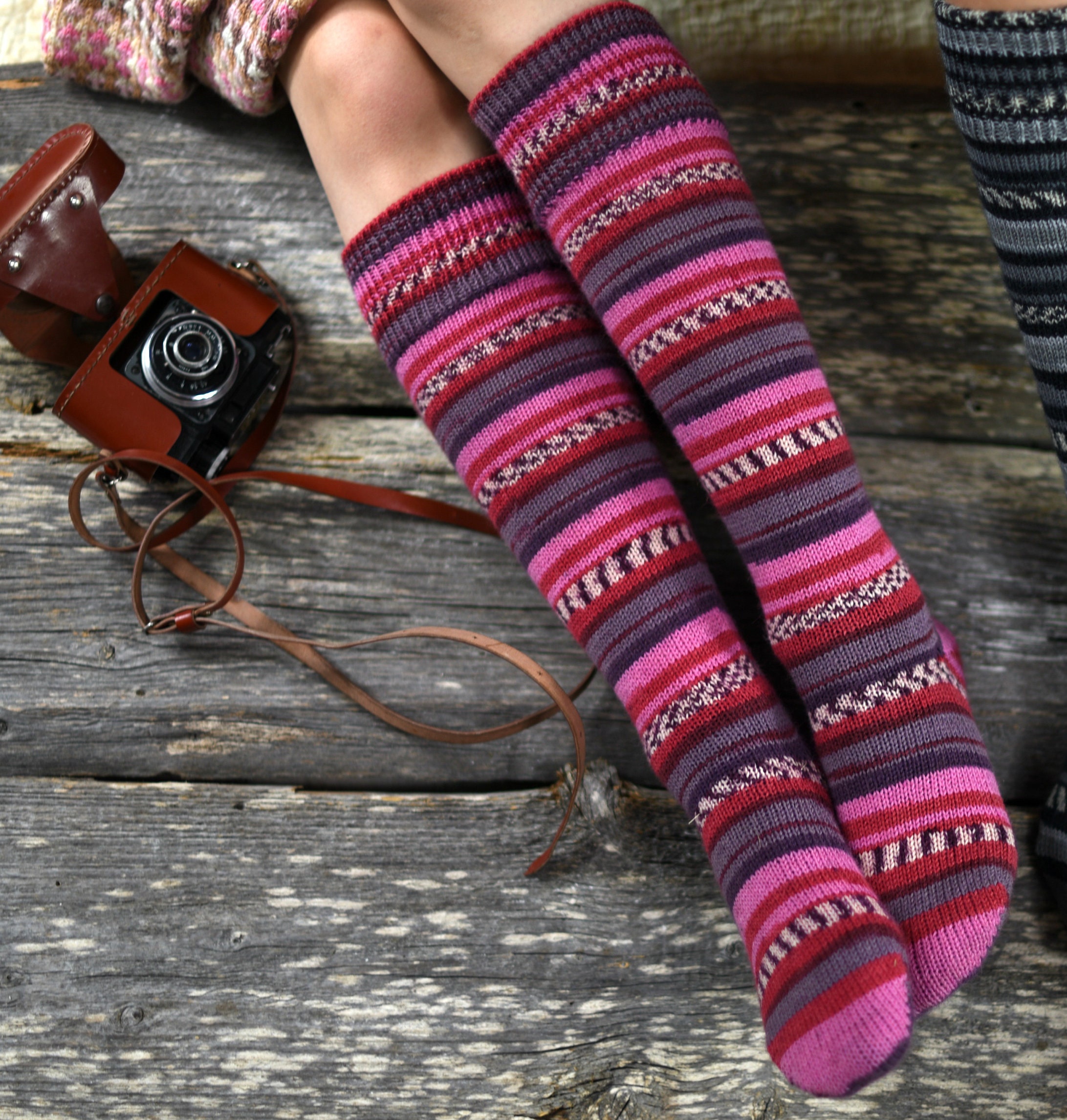 Pink Hand Knit Socks, Striped Leg Warmers Gift For Wife, Knee High Socks Best Friend Gift, Boot Girlfriend
