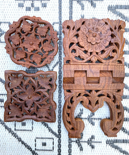 3 Items Carved Trivets | 2 Book Rack Set Folding Sheesham Wood Table Top Desk Holder Bohemian Decor Of Three