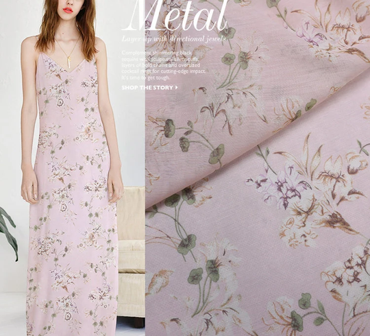 Floral Print Pink Silk Cotton Blend Fabric Width 44 Inch