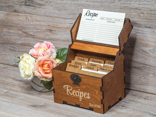 Recipe Box With Dividers & 4x6 Recipe Cards Personalized Engraved Wood Bridal Shower Decor Mothers Day Gift Christmas