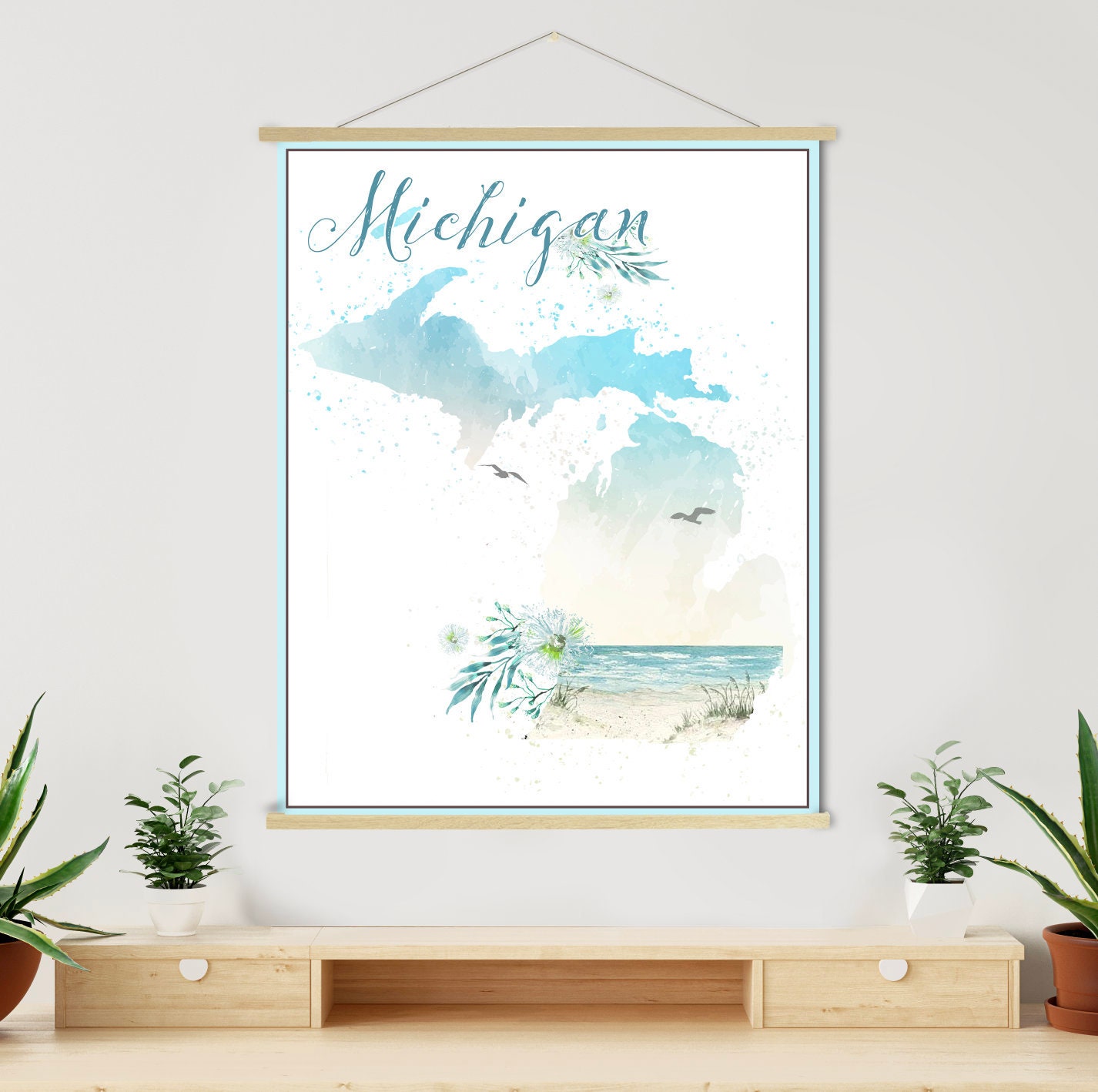 Michigan Hanging Watercolor Illustration | Wooden Poster Frame Print Printed Marketplace
