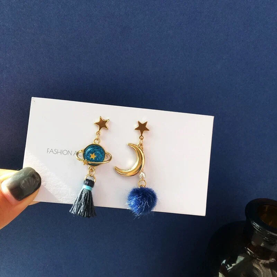 Blue Planet Earrings, Star & Moon Dangle Celestial Starburst, Astronomy Jewelry, Clip On/ Pierced