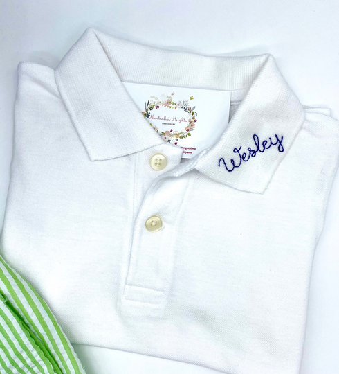 Boys White Polo Toddler Handwritten Font. Quality Cotton Pique Sizes 18 Mo, 2T, 3T, 4T, 5T, 5/6, 7/8, 10/12