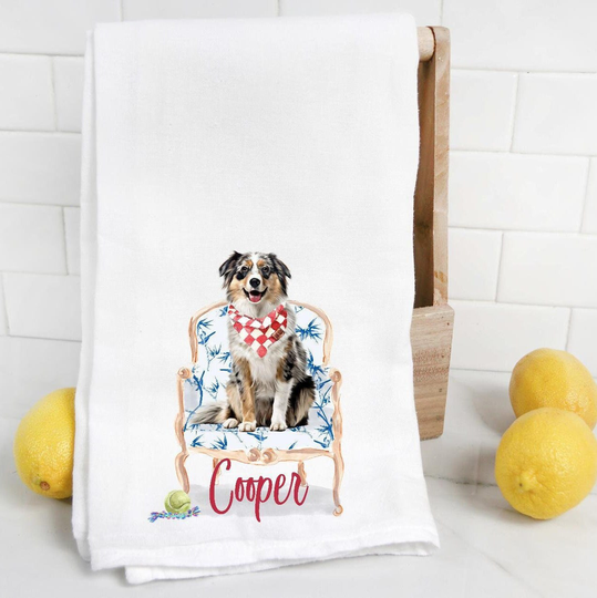 Custom Australian Shepherd 3 Flour Sack Towel, Tea Dog Mom, Dad, Personalized Name, Labradoodle, Watercolor Pet Portrait