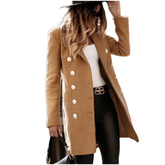 Women Elegant Double Breasted Wool Blend Coat - Brown, M