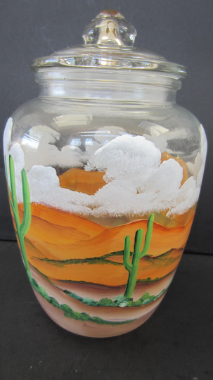 Cactus Cookie Jar Desert Scene With Saguaro Cactus Large Round Cookie Jar, Storage Glass Tight Lid Hand Painted All Around