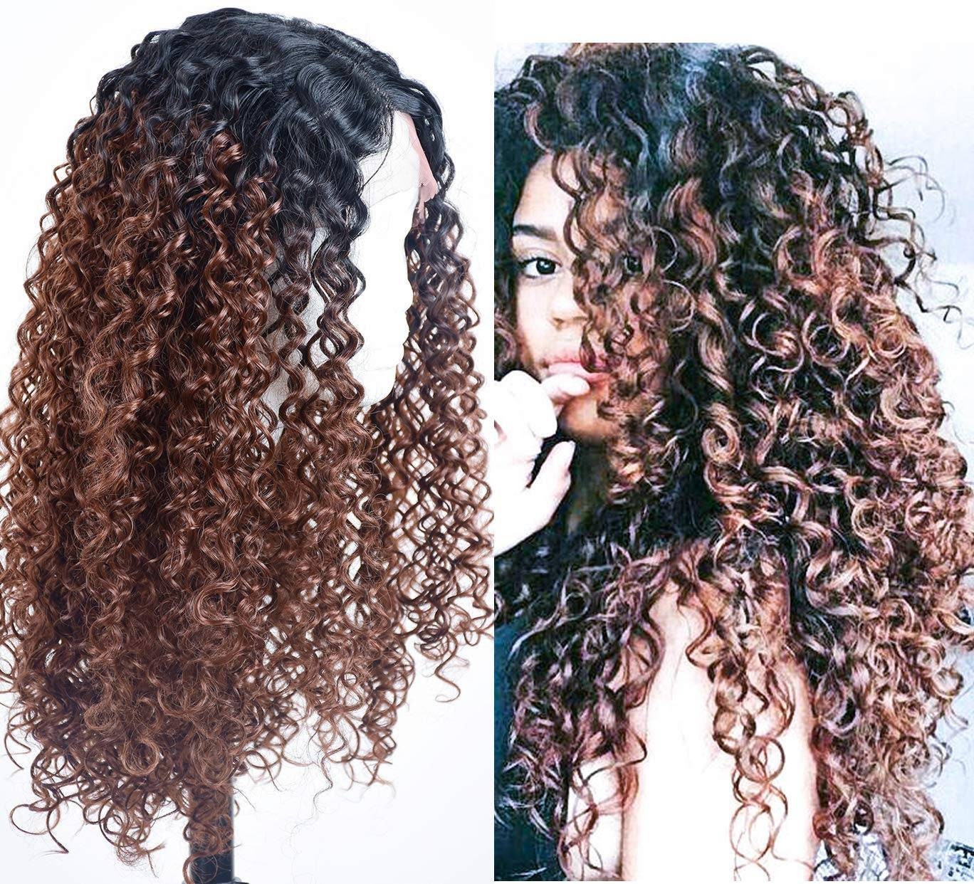 Ombre Brown //Curly// Human Hair Blend// Lace Front Wigs// Beautiful// Curly// Brazilian Remy//Wig//Glueless// Lacewig//Natural